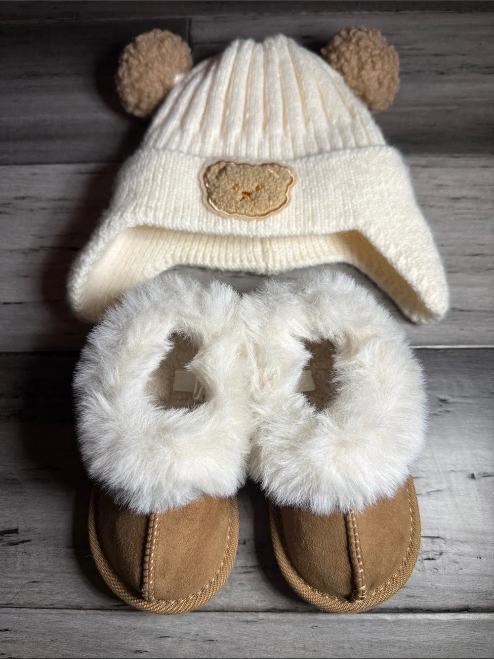 Kids Cream Bear Hat and Tan Fur-Lined Booties Set